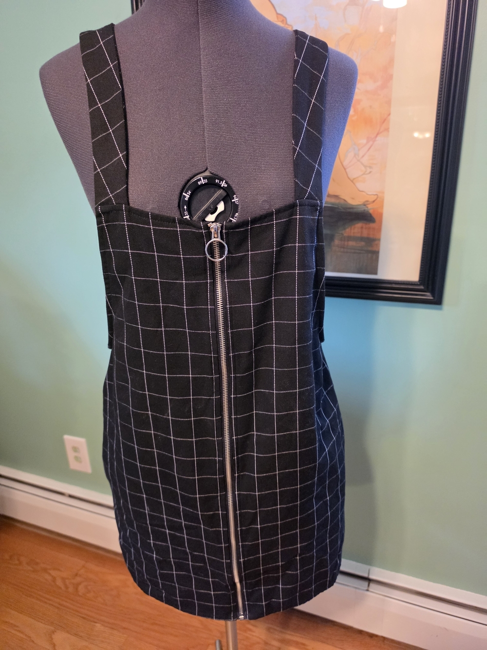 Forever 21 Black Windowpane Zip-Front Pinafore Mini Dress